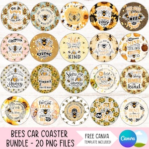 May include: A set of 20 round, bee-themed car coasters with various designs and sayings. The coasters feature a honeycomb pattern, bees, sunflowers, and inspirational quotes. The coasters are perfect for adding a touch of whimsy and personality to your car.