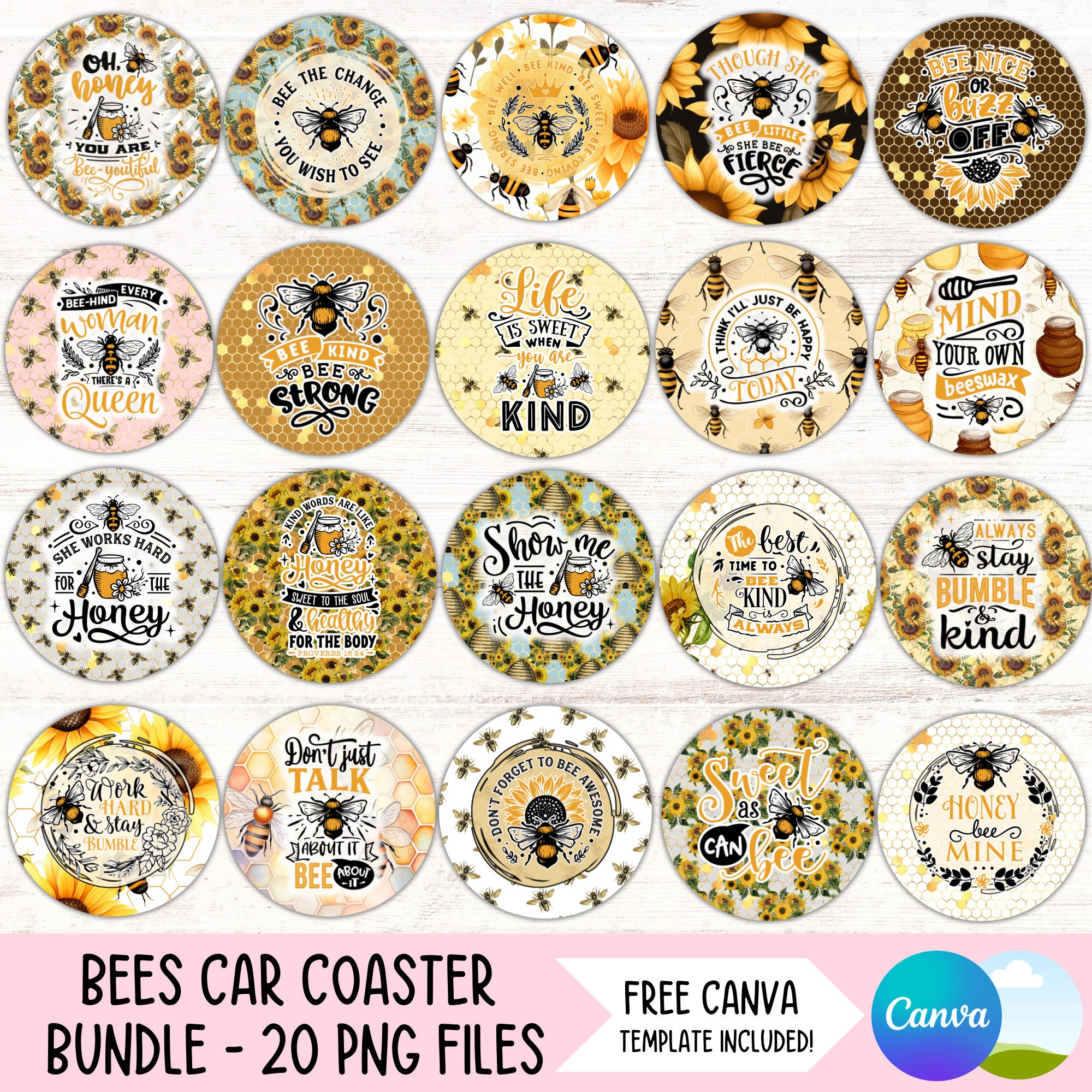 Bee Car Coaster PNG Bundle Positive Quotes Cup Holder Sublimation Designs Bumble Bee Keychain PNG Coaster Instant Digital File Downloads