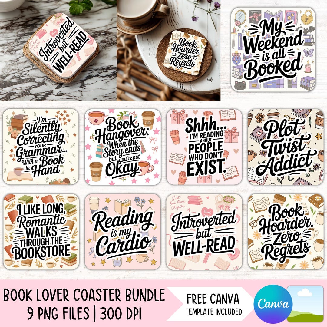 Funny Book Lover Square Coaster PNG Bundle, Reading 4x4 Sublimation ...