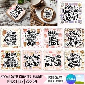 Puede incluir: Un conjunto de posavasos cuadrados con citas y diseños relacionados con libros. Los posavasos muestran frases como "Introvertido pero bien leído" y "Acumulador de libros, cero arrepentimientos". El paquete incluye 9 archivos PNG.