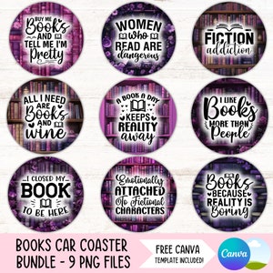 Book Lover Car Coaster PNG Bundle Reading Cup Holder Sublimation Designs Bookish Round Keychain PNG Book Club DIY Coaster Digital Files