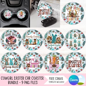 Puede incluir: Un conjunto de nueve posavasos para coche con temas de Pascua y vaquera. Los posavasos presentan varios diseños, incluyendo conejitos, cactus y los textos "Howdy Easter" y "Shake Your Cotton Tail". Los posavasos son redondos y tienen un fondo azul claro.