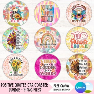 Tägliche Affirmationen Auto Untersetzer PNG Bundle Positives Zitat Tassenhalter Sublimationsentwürfe Runde Schlüsselbund PNG DIY Untersetzer Digitale Dateidownload