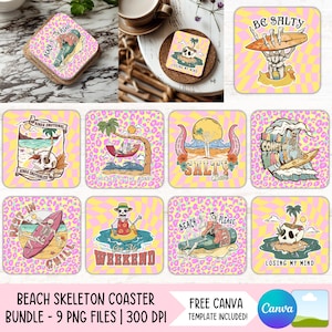 Peut inclure: Ensemble de neuf dessous de verre carrés avec des motifs de squelettes sur le thème de la plage. Chaque dessous de verre présente une illustration unique avec des phrases comme "Beach Please" et "Give Me Weekend".