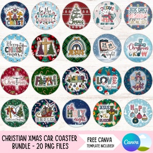 May include: Twenty Christmas-themed car coasters featuring various designs with religious themes, including crosses, Christmas trees, and the words "Jesus", "Faith", "Love", "Hope", and "Holy Night".