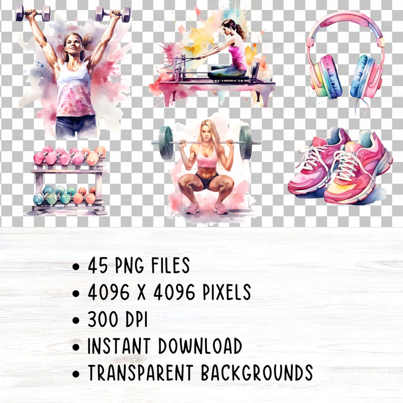 Puede incluir: Un conjunto de ilustraciones de acuarela con temas de fitness y entrenamiento. Las ilustraciones incluyen a una mujer levantando pesas, una mujer usando una m&aacute;quina de remo, un conjunto de mancuernas, un par de zapatillas deportivas y un par de auriculares.