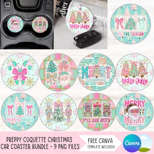 Puede incluir: Un conjunto de posavasos navideños preppy para coche con varios diseños, incluyendo árboles de Navidad, Papá Noel y bastones de caramelo. Los posavasos presentan colores pastel, detalles dorados y las frases "Merry Christmas" y "Holly Jolly".
