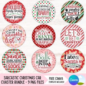 Sarcastic Christmas Car Coaster PNG Bundle Funny Cup Holder Sublimation Designs Sassy Round Circle Keychain Set Snarky Xmas Ornament PNG
