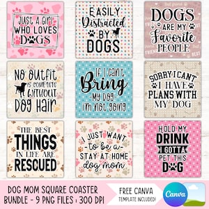 Rolig hundmamma fyrkantig underlägg PNG-paket, sarkastiska hundälskare sublimeringsdesigner, tassavtryck kaffedryckhållare PNG-set (digitala filer)