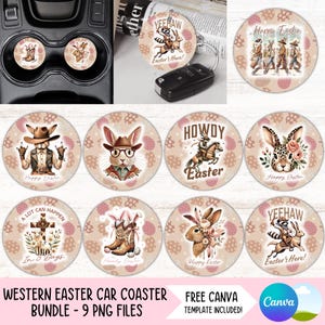 Puede incluir: Un conjunto de posavasos para coche y un llavero con temática de Pascua occidental. Los posavasos presentan imágenes de conejos con atuendo de vaquero, huevos de Pascua y frases como "Yeehaw" y "Felices Pascuas". El paquete incluye 9 archivos PNG.