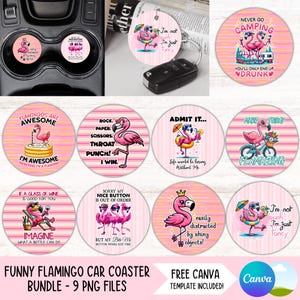 Grappige flamingo autoonderzetter PNG-bundel Sarcastische bekerhouder Sublimatieontwerpen Zomervakantie Ronde sleutelhanger, autoluchtverfrisser, png