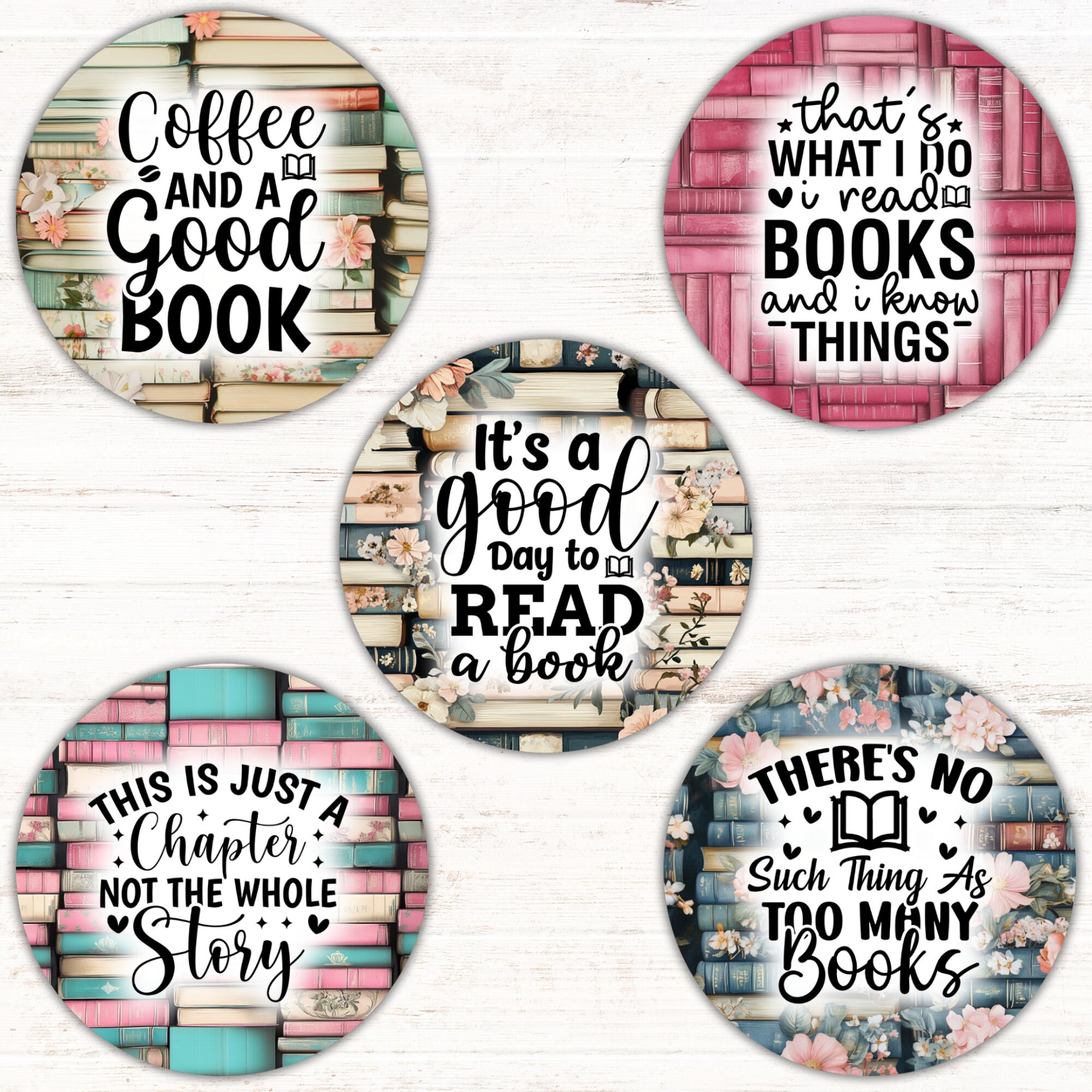 Book Lover Car Coaster PNG Bundle, Reading Round Sublimation Designs ...