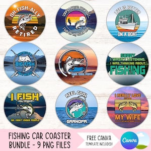 Paquete de posavasos para coche de pesca, diseño de portavasos divertido para hombre, diseño de sublimación, llavero redondo para el Día del Padre, diseño de archivos digitales para náutica, descarga PNG