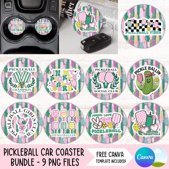 Pickleball Car Coaster PNG Bundle Brushstroke Cup Holder Sublimation Designs Pickleball Keychain PNG Pickleball Lover DIY Digital Files