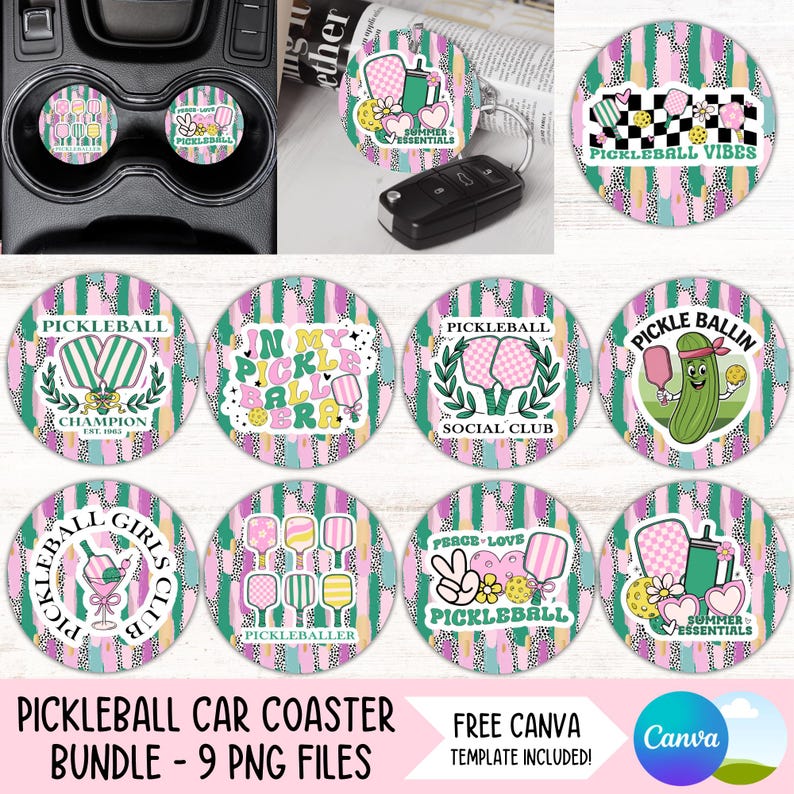 Pode incluir: Nove  tapetes redondos e coloridos para carro com v&aacute;rios designs tem&aacute;ticos de pickleball. Os designs incluem raquetes de pickleball, um jogador de pickleball, uma quadra de pickleball e o texto "Pickleball" e "Pickleball Vibes".