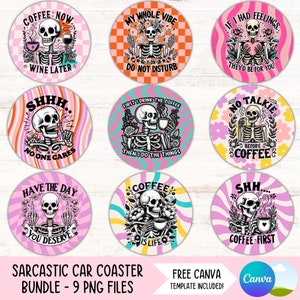 Sarcastische citaten auto Coaster PNG bundel grappige bekerhouder sublimatie ontwerpen voor koffieliefhebber Sassy ronde sleutelhanger Coaster digitale download