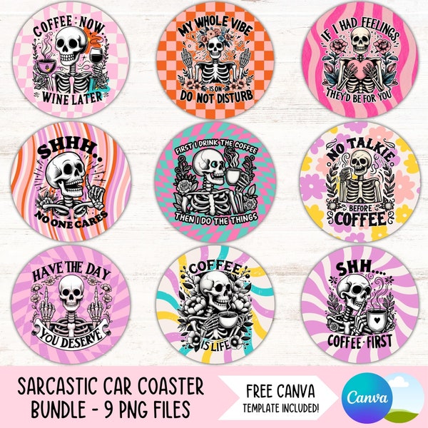 Sarcastic Quotes Car Coaster PNG Bundle Funny Cup Holder Sublimation Designs for Coffee Lover Sassy Round Coaster Designs for Friend