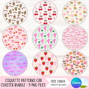 May include: Nine round car coasters with various patterns, including cherries, cacti, strawberries, bows, and coffee drinks. The coasters are in shades of pink, green, and brown. Text at the bottom reads "COQUETTE PATTERNS CAR COASTER BUNDLE - 9 PNG FILES."
