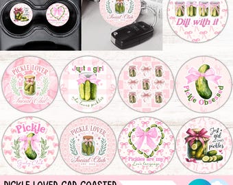 Coquette Pickle Car Coaster PNG Bundle, Girly Pink Bow Round Sublimation Designs, Dill Pickle Lover Keychain Designs (Digital Files)
