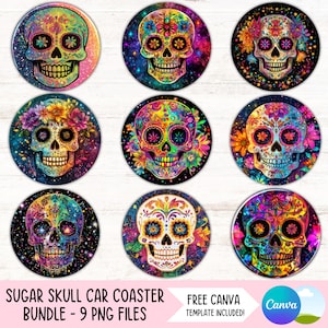 Zuckerschädel Auto Untersetzer PNG Bundle Skelett Tassenhalter Sublimationsentwürfe Dia de Los Muertos Runde Schlüsselbund PNG DIY Untersetzer Digitale Dateien
