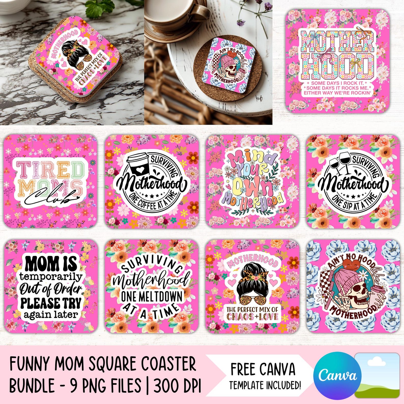 Funny Mom Square Coaster PNG Bundle, Sarcastic Quotes Sublimation ...