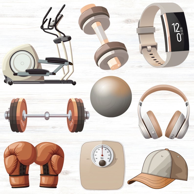 May include: A set of fitness equipment including a grey elliptical machine, a pair of dumbbells, a barbell, a grey exercise ball, a pair of headphones, a beige bathroom scale, a beige baseball cap, and a beige fitness tracker with a digital display showing "12:00".