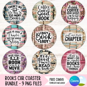 Book Lover Car Coaster PNG Bundle Reading Cup Holder Sublimation Designs Just One More Chapter Keychain PNG Set Book Club Coaster Download