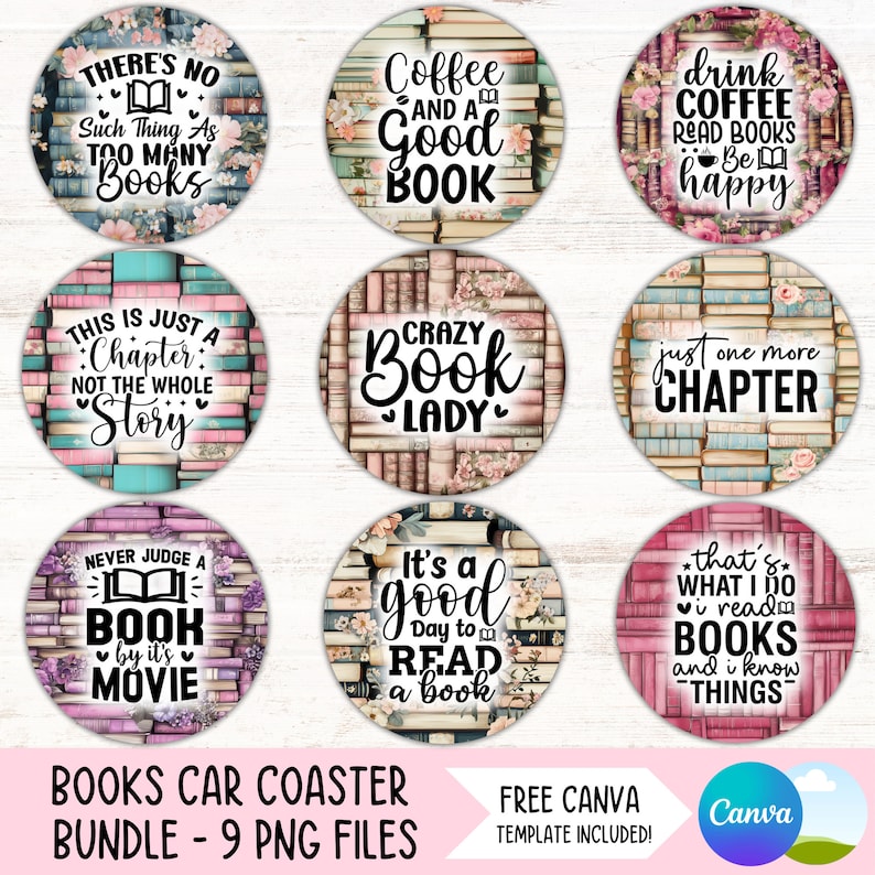 Book Lover Car Coaster PNG Bundle, Reading Round Sublimation Designs ...