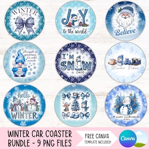 Paquete de posavasos navideños de muñeco de nieve de invierno, PNG, diseños de sublimación, llavero redondo de Papá Noel, PNG, archivos digitales para posavasos DIY