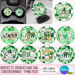 May include: A set of St. Patrick's Day car coasters with dental themes. The coasters display green and white patterns, shamrocks, leprechauns, and tooth characters. Text includes "Lucky Dentist", "Dental Squad", and "Happy St. Patrick's Day".