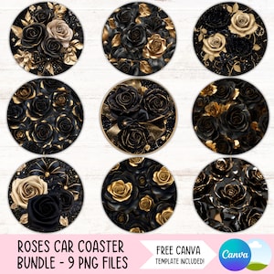 May include: Set of nine black and gold rose car coasters. The coasters feature a variety of rose arrangements with gold accents and glitter.