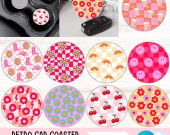 Retro Car Coaster PNG Bundle Cherry Cup Holder Sublimation Designs Daisies Round Keychain Designs Cowgirl Western Coaster Digital Downloads