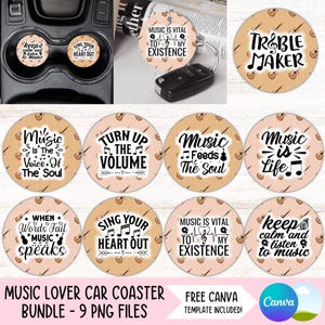 以下が含まれることがあります： 音楽をテーマにした車のコースターとキーホルダーのセット。コースターには「Keep calm and listen to music」や「Sing your heart out」などの引用句が書かれています。背景は、小さなギターのイラストが入った薄茶色です。