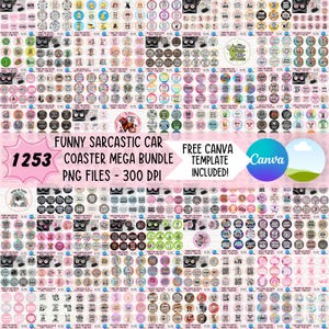 Puede incluir: Una colección de 1253 diseños de posavasos para coche divertidos y sarcásticos en formato PNG. Los posavasos presentan varios gráficos y texto, con una plantilla gratuita de Canva incluida. La imagen tiene una pancarta rosa con el texto "FUNNY SARCASTIC CAR COASTER MEGA BUNDLE".