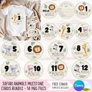 Bundle PNG de séries de cartes jalons mensuels pour bébés animaux de safari