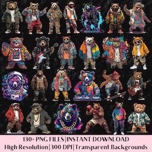 Teddybär Png-Bundle Bunte Urban Streetwear Grafiken Tshirt Hoodie Sublimation Designs Neon Cool Hip Hop Bär Clipart Digitale Downloads