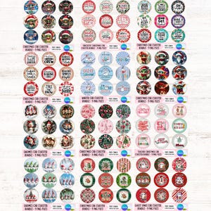 May include: A selection of circular car coasters with diverse Christmas designs. The coasters display images of Baby Yoda, gnomes, and festive phrases such as "Let it Snow" and "Baking Spirits Bright." The coasters are sold in bundles.