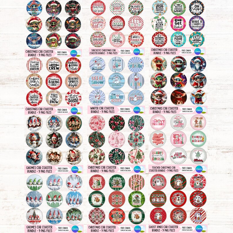 May include: A selection of circular car coasters with diverse Christmas designs. The coasters display images of Baby Yoda, gnomes, and festive phrases such as "Let it Snow" and "Baking Spirits Bright." The coasters are sold in bundles.