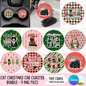 Könnte beinhalten: Eine Sammlung von neun runden Auto-Untersetzern mit weihnachtlichen Katzenmotiven. Die Untersetzer zeigen verschiedene Katzenillustrationen mit Weihnachtsmützen und -pullovern, mit Texten wie "Jingle" und "Meowy Christmas". Die Farbpalette umfasst Rot, Grün und Weiß.
