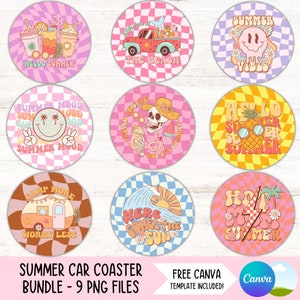 May include: Nine round car coasters with summer themed designs. The coasters feature a variety of colors and patterns, including pink, blue, yellow, and orange. The designs include a skull, a pineapple, a camper van, a wave, and a palm tree. The text on the coasters includes "Hello Summer", "Summer Mood", "Dead Inside", "Here Comes the Sun", "Camp More Worry Less", and "Hot Summer".