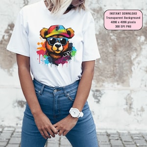 テディベアPNG、昇華用カラフルなアーバンデザインストリートウェアPNG、Tシャツ用アーバンスタイルネオンデザイングラフィティPNG、デジタルダウンロード