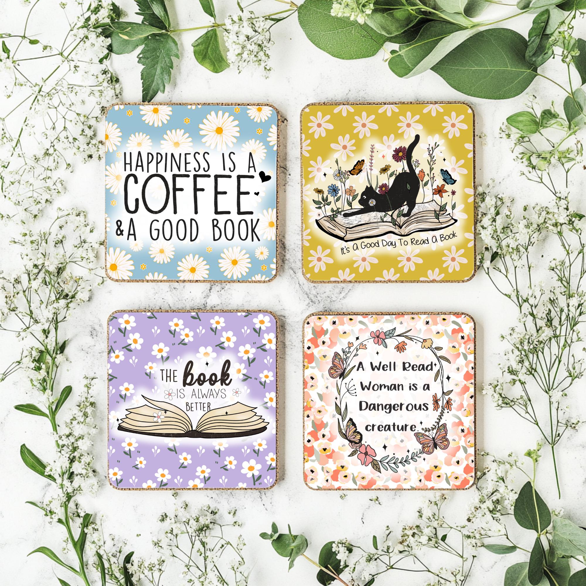 Floral Books Coaster PNG Bundle, Reading Lover 4x4 Square Sublimation ...