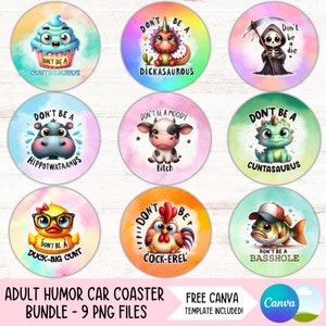 Puede incluir: Nueve posavasos redondos y coloridos con refranes humorísticos e ilustraciones de animales de dibujos animados. Los posavasos presentan refranes como "No seas un Cuntasaurus" y "No seas un Cock-Erel".