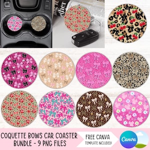 Pacote de porta-copos de carro com laços rosa coquete PNG, porta-copos de café feminino com designs de sublimação, chaveiro com estampa de leopardo PNG, faça você mesmo, arquivos digitais redondos
