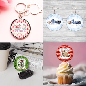 May include: A selection of festive accessories. Features a keychain with the text "Deck the Halls and not your family", a pair of earrings with "Winter Vibes", a keychain with "Everything's Fine", and a cupcake topper with a cat and the text "A little bird told me it's Christmas, so I ate it."