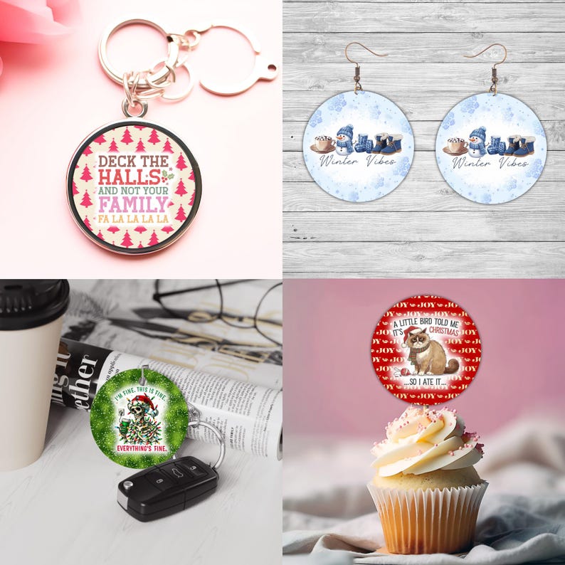 May include: A selection of festive accessories. Features a keychain with the text "Deck the Halls and not your family", a pair of earrings with "Winter Vibes", a keychain with "Everything's Fine", and a cupcake topper with a cat and the text "A little bird told me it's Christmas, so I ate it."