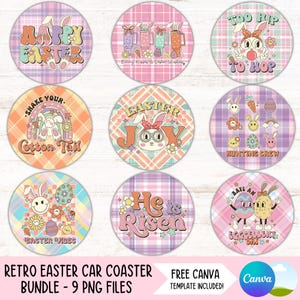 Puede incluir: Nueve posavasos para coche con temática de Pascua de estilo retro con fondos de cuadros rosa, morado y naranja. Los posavasos presentan varias ilustraciones y textos con temática de Pascua, incluidos conejos, huevos y las frases "Feliz Pascua", "Agita tu cola de algodón", "Alegría de Pascua", "Demasiado moderno para saltar", "Equipo de caza", "Ha resucitado", "Vibraciones de Pascua" y "Que tengas un día excelente".