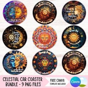 May include: Nine colourful round coasters with celestial sun and moon designs and inspirational quotes. The quotes include "The sky is not the limit, your mind is", "Trust the magic of a new beginning", "Dream Big", "Energy flows where intention goes", "Live by the sun, love by the moon", "The night sky is a reminder that darkness will always be followed by light", "Good things will find you", "The universe is listening", and "Share will always be light".