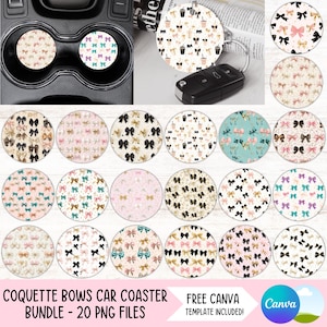 Porta-copos de carro Coquette PNG Pacote Laços rosa Fita Porta-copos Designs de sublimação Chaveiro redondo feminino PNG Porta-copos faça você mesmo Download de arquivos digitais