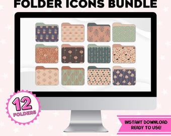 May include: A computer monitor displays a collection of 12 digital folder icons with boho floral designs. The folders feature various patterns and colors, including plants, flowers, and geometric shapes. Text at the top reads "BOHO FLORAL DESKTOP FOLDER ICONS BUNDLE."